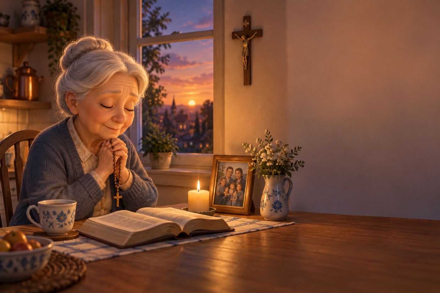 Illustration: a grandmother praying the rosary at her kitchen table at dusk