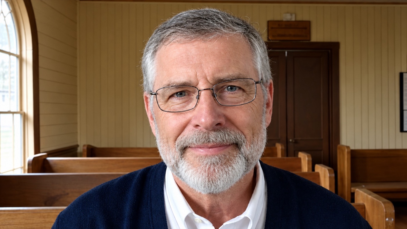 Martin Caldwell, sitting in an old wooden chapel